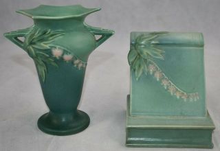 Vintage Roseville Pottery Bleeding Heart Green Vase 965 - 7 And Book End 6