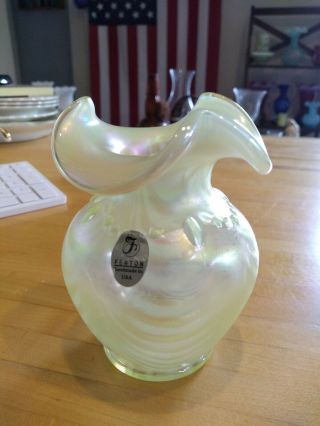 Fenton Topaz Opalescent Iridescent Scott Fenton 01 Signed Stickered Drapery Vase