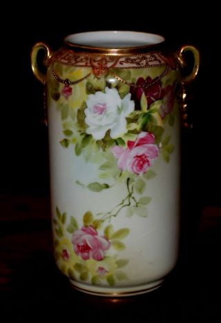 Vintage Nippon Hand Painted Multicolor Gold Handled Classic Vase