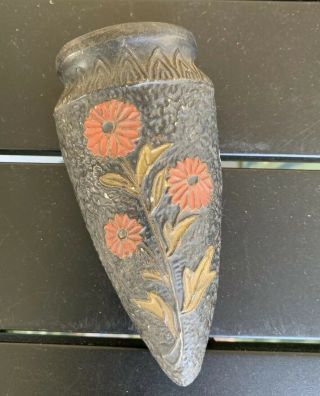 Vintage Japan Ceramic Floral Black Wall Pocket Vase