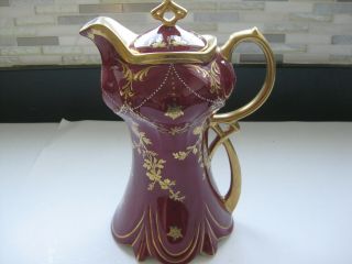 Antique Limoges Hand Painted Chocolate Coffee Tea Pot Burgundy & Gold 10 " Tall