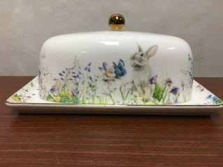 Williams Sonoma Floral Meadow Bunny Easter Spring Porcelain Butter Dish Nwt