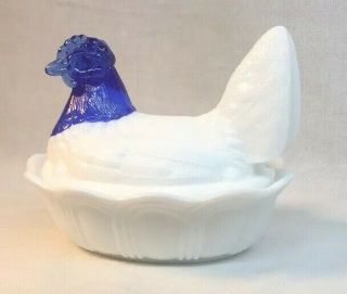Fenton Art Glass Milk Glass Covered Chicken / Hen On Nest With Cobalt Head