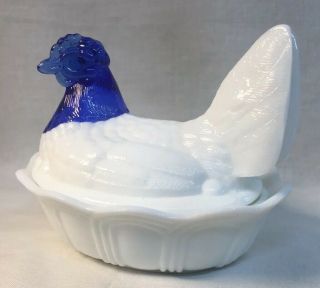 Fenton Art Glass Milk Glass Covered Chicken / Hen On Nest With Cobalt Head 2