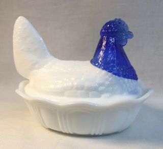 Fenton Art Glass Milk Glass Covered Chicken / Hen On Nest With Cobalt Head 3