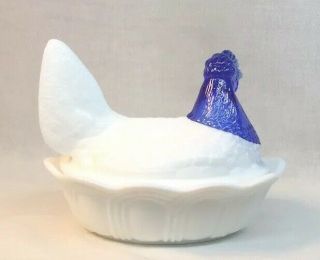 Fenton Art Glass Milk Glass Covered Chicken / Hen On Nest With Cobalt Head 4