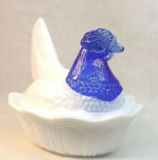 Fenton Art Glass Milk Glass Covered Chicken / Hen On Nest With Cobalt Head 5