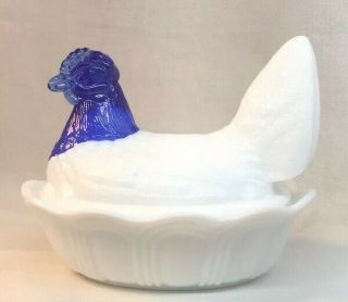 Fenton Art Glass Milk Glass Covered Chicken / Hen On Nest With Cobalt Head 6