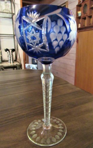 Cobalt Blue Cut To Clear Crystal Bohemian Czech Long Stem Wine Glass Goblet