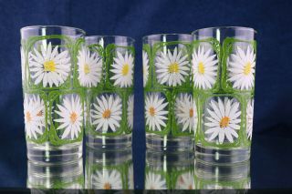 4 Libbey Raised White Daisy Flower Glass Tumblers Daisies 14 Oz Green Sq Lrs121