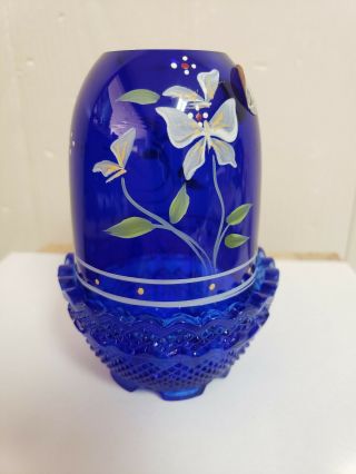 Fenton Hand Painted Fairy Light Cobalt Blue Signed H.  Tapia Fenton 95 Years