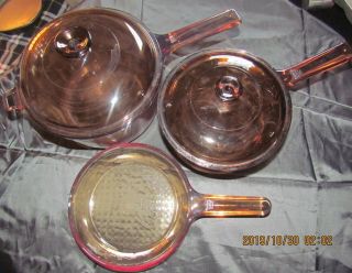 ,  Vintage 5 Pc Visions By Corning Amber Pots Cookware