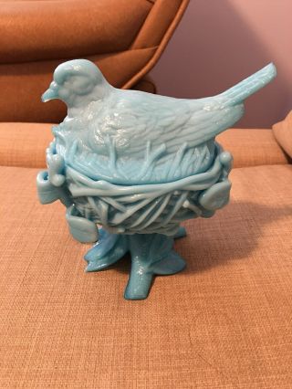 Westmoreland Blue Milk Glass Bird Robin On Nest With Lid Candy Dish Vintage