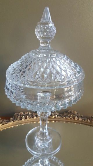 Vintage Clear Indiana Glass Covered Candy Dish 11.  5 " Tall Pedestal Diamond Point