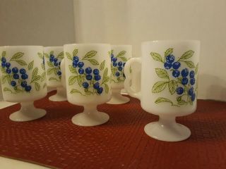 6 Vintage Blueberry Milk Glass Footed Pedestal Mugs Coffee Cups Heart Handles