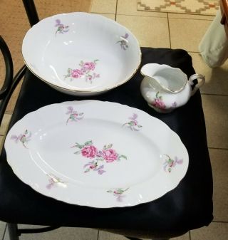 Old Fine Bohemian China Czechoslovakia Roses/lilacs Serving Bowl Platter Creamer