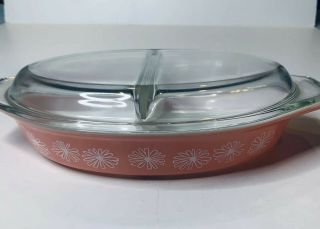 Vintage Pyrex Pink Daisy Divided Casserole Dish 1.  5 Quart With Glass Lid