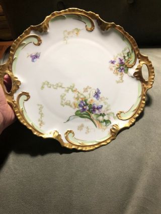 ANTIQUE LIMOGES FRANCE CORONET HAND PAINTED FLOWERS CAKE PLATE HANDLED GOLD RIM 2