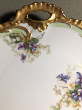 ANTIQUE LIMOGES FRANCE CORONET HAND PAINTED FLOWERS CAKE PLATE HANDLED GOLD RIM 3