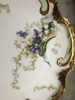 ANTIQUE LIMOGES FRANCE CORONET HAND PAINTED FLOWERS CAKE PLATE HANDLED GOLD RIM 4