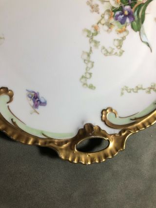 ANTIQUE LIMOGES FRANCE CORONET HAND PAINTED FLOWERS CAKE PLATE HANDLED GOLD RIM 5