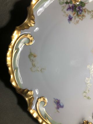 ANTIQUE LIMOGES FRANCE CORONET HAND PAINTED FLOWERS CAKE PLATE HANDLED GOLD RIM 6