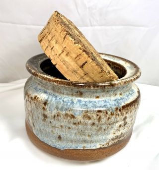 Signed Danish Clay Art Pottery Jar Cork Lid Glazed Denmark Gray Blue Brown Green