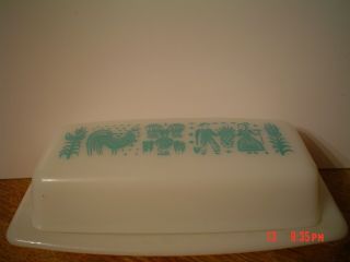 Pyrex White Milk Glass Covered Butter Dish W/ Teal Blue Country Amish Design