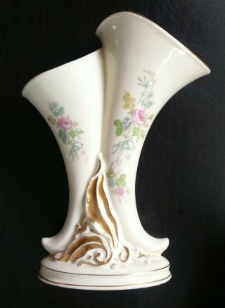 Vintage Princeton Double Cornucopia Vase P195 Cream Floral Design Gold Trimmed