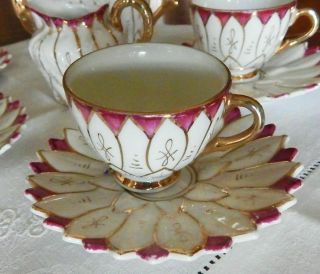 Antique German Doll Tea Set White Trimmed w/Gold & Burgundy 7