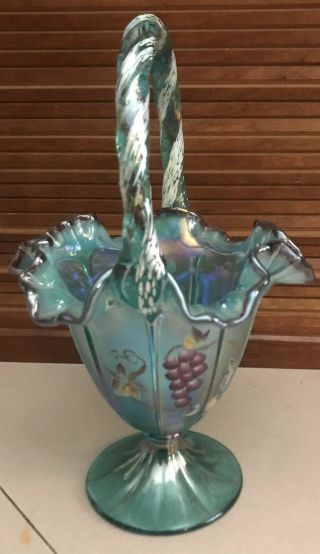 Blue Signed Fenton Basket With Hand Painted Grape Design