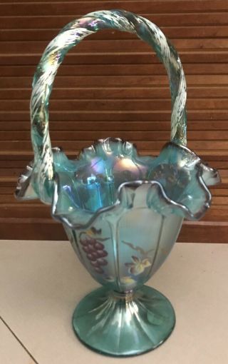 BLUE SIGNED FENTON BASKET WITH HAND PAINTED GRAPE DESIGN 2