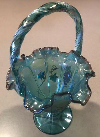BLUE SIGNED FENTON BASKET WITH HAND PAINTED GRAPE DESIGN 3