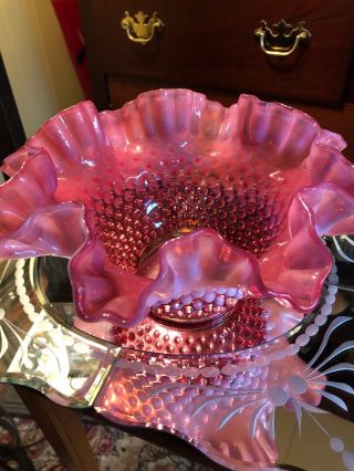 Vintage Fenton Glass Opalescent Cranberry Hobnail Large Bowl