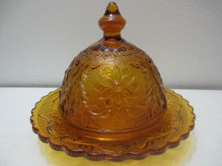 Vintage Tiara Indiana Glass Covered Butter Cheese Dish Dome Lid Sandwich Amber