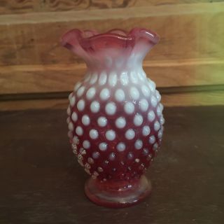 Vintage Fenton Cranberry Opalescent Glass Hobnail Small Vase Ruffled Edge