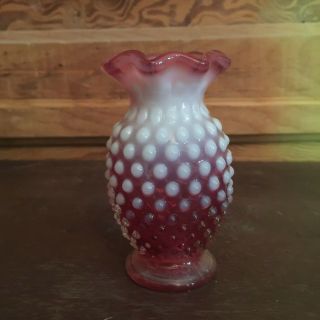 Vintage Fenton Cranberry Opalescent Glass Hobnail Small Vase Ruffled Edge 3