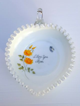 Fenton Silver Crest Art Glass Heart Dish Hand Painted Yellow Roses & “i Love You