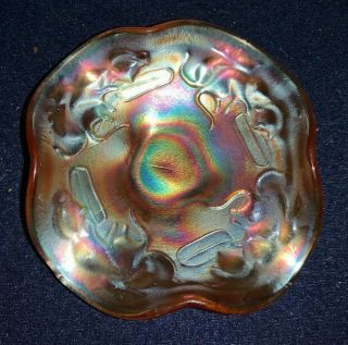 Small 4 1/2 " Ruffled Carnival Glass Bowl With Cat Like Animal Drinking Water