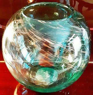 Studio Art Glass Vase Centerpiece Blue Turquoise Gold Swirl Hand Blown