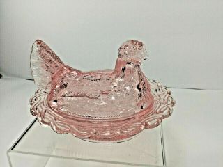 Mosser Glass Co.  (rose) Hen On A Nest,  Head Turned,  Split Tail Covered Dish