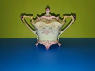 Antique Rs Prussia Fine German Porcelain Hand Painted 5 " Tall Lidded Sugar Bowl