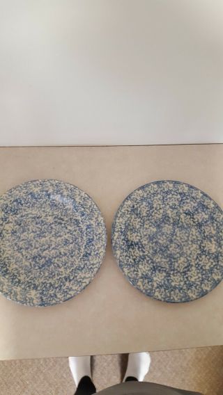 Rare (2) Henn Friendship Pottery Roseville Blue Spongeware Dinner Plates 10in