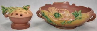 Vintage Roseville Pottery Poppy Pink Flower Frog 35 And Console Bowl 337 - 8