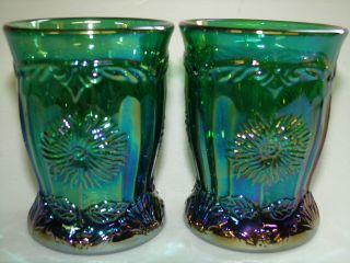 Hunter Green Carnival Glass Dahlia Tumblers Cups Goblets Iridescent Set