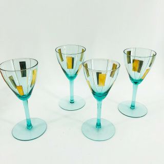 Set Of 4 Vintage Mid Century Modern Teal Blue Long Stem Cordial Aperitif Glasses