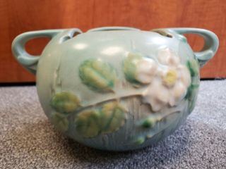 Vintage Roseville Pottery White Rose Blue Bowl Square Top 2 Handles 387 - 4 2