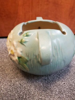 Vintage Roseville Pottery White Rose Blue Bowl Square Top 2 Handles 387 - 4 3