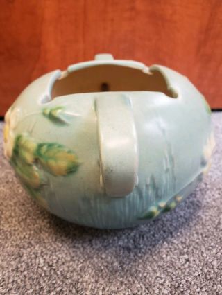 Vintage Roseville Pottery White Rose Blue Bowl Square Top 2 Handles 387 - 4 4