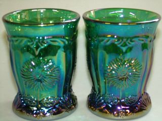 Hunter Green Carnival Glass Dahlia Tumblers Cups Goblets Iridescent Art